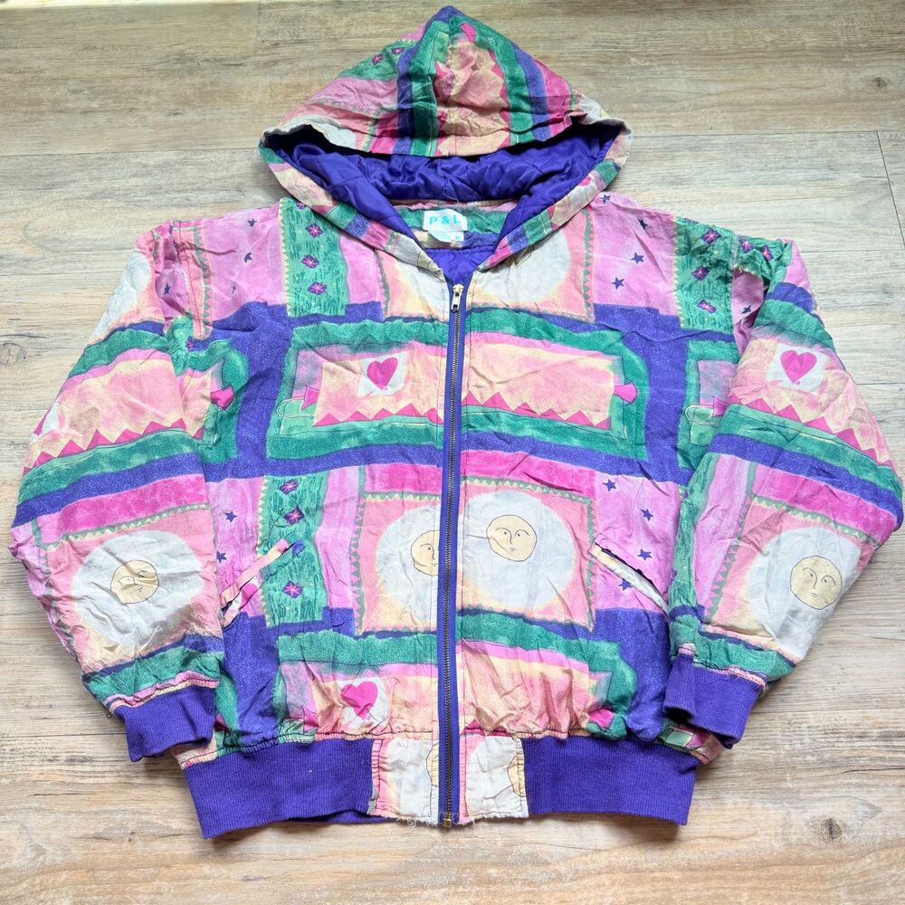 Vintage 90s 100% Silk Hooded Puffer Jacket Colorful Abstract Moon Heart Print